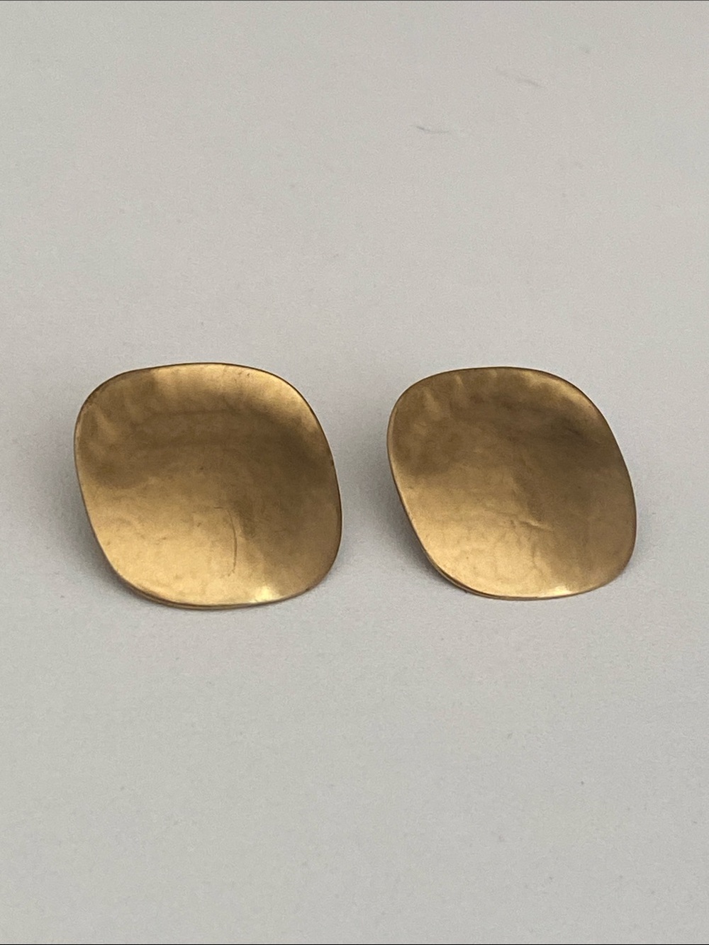 Marjorie Baer brass vintage Gold clips Curved Disc modernist hammered earrings